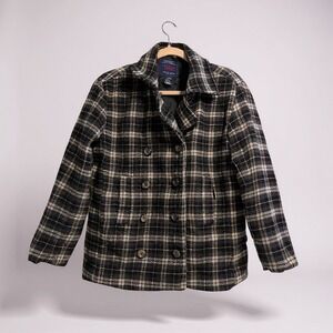 American Eagle Mens Plaid Double Breasted Wool Blend Peacoat Jacket Medium